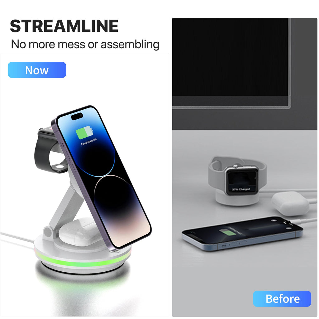 Foldable 4-in-1 Magnetic Wireless Charging Station with 7-Color Night Light for iPhone, Apple Watch & AirPods by Infinite Basics