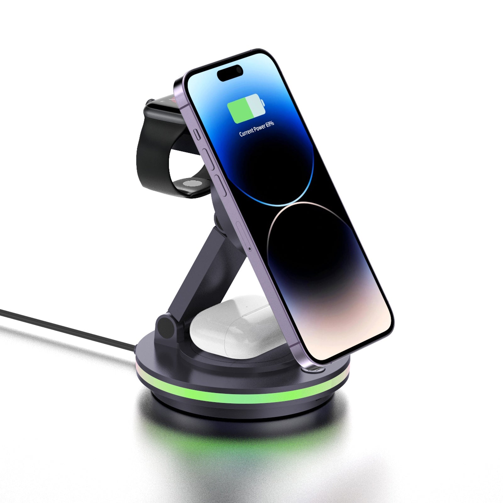 Foldable 4-in-1 Magnetic Wireless Charging Station with 7-Color Night Light for iPhone, Apple Watch & AirPods by Infinite Basics