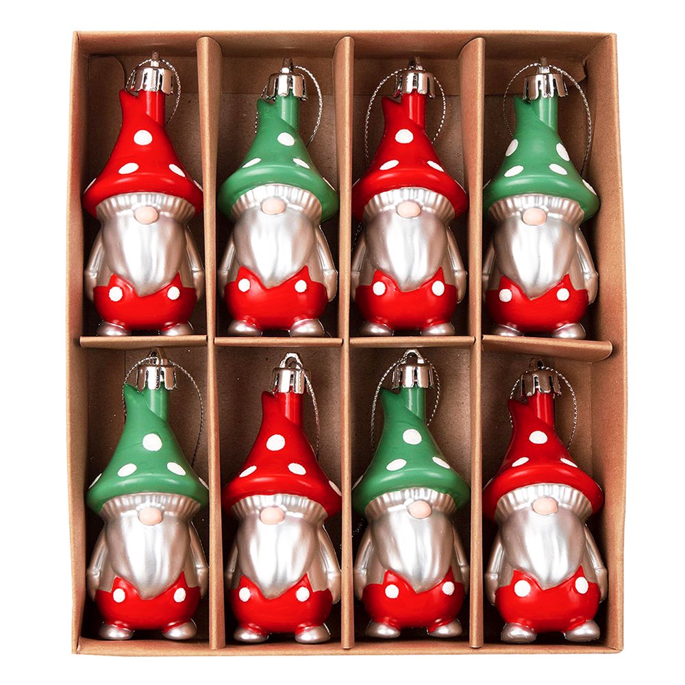 Red and Green Polka Dot Christmas Folksy Gnome Ornament Set, 8 Shatterproof Tree Gnomies Ornament Bundle OrnamentallyYou 