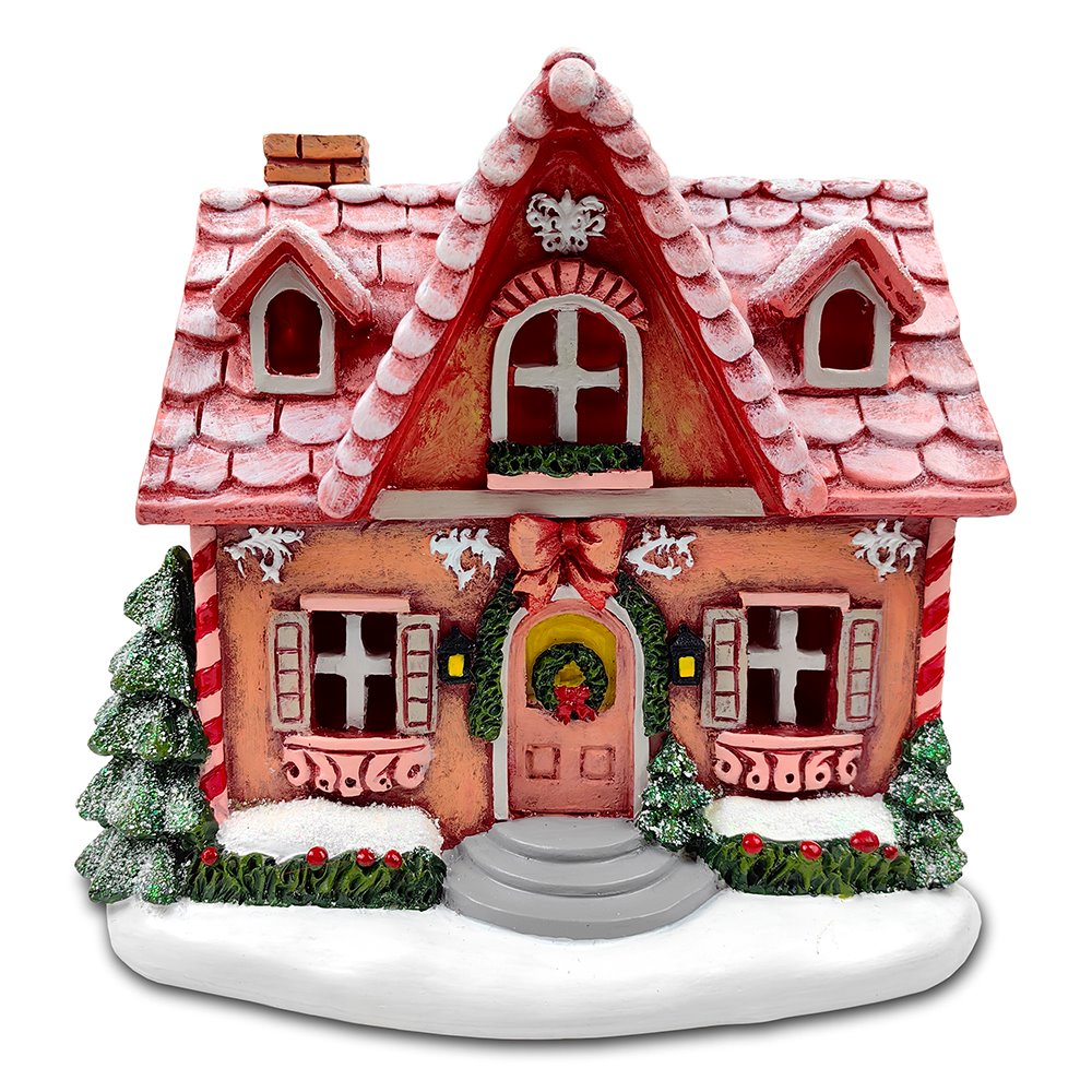 Sparkling Pink Winter Magic LED Gingerbread Home Figurine, 7" Lighted Christmas Decoration Decor Resin Statues OrnamentallyYou 