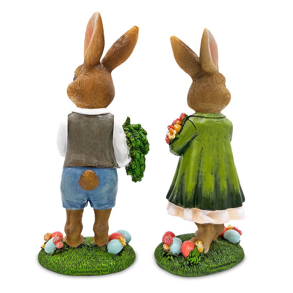 Harvest and Bloom Country Bunny Pair Figurine, 8" Rabbit Garden Statue Set Resin Statues OrnamentallyYou 