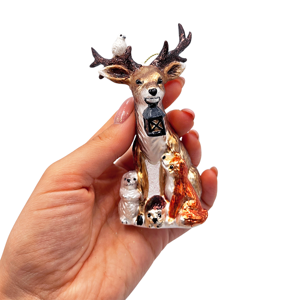 Deer with Lantern Glass Christmas Ornament, Woodland Animal Tree Decor by OrnamentallyYou