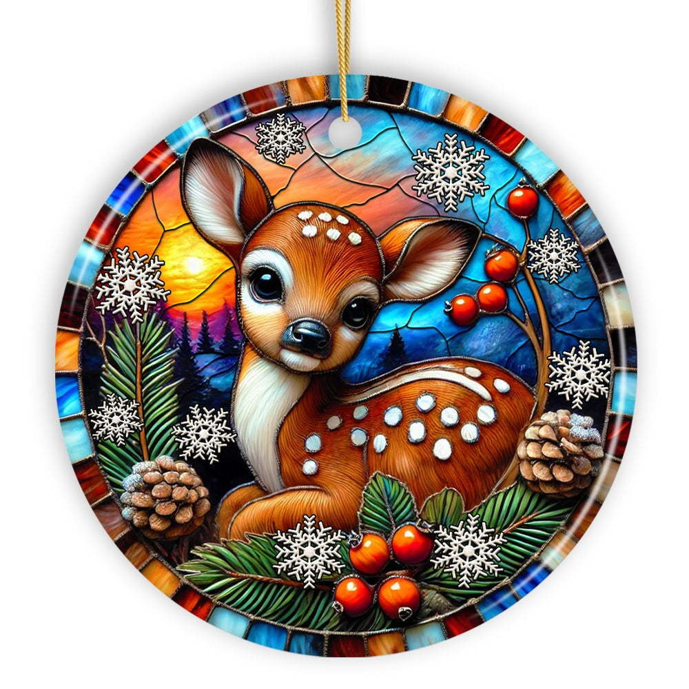 Charming Fawn in Snowy Sunset Ornament, Delightful Woodland Scene for Christmas Decor Ceramic Ornament OrnamentallyYou 
