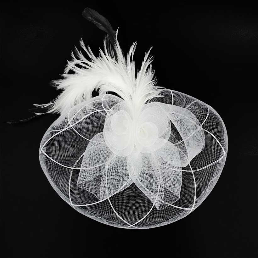 White Feather Pearl Cluster Mesh Flower Fascinator Headband, is crafted with luxury materials, including feathers, pearls, and mesh. Its bold design is sure to add a unique and glamorous touch to your ensemble. Perfect for making an exquisite gift, attending any special events, or everyday wear. 