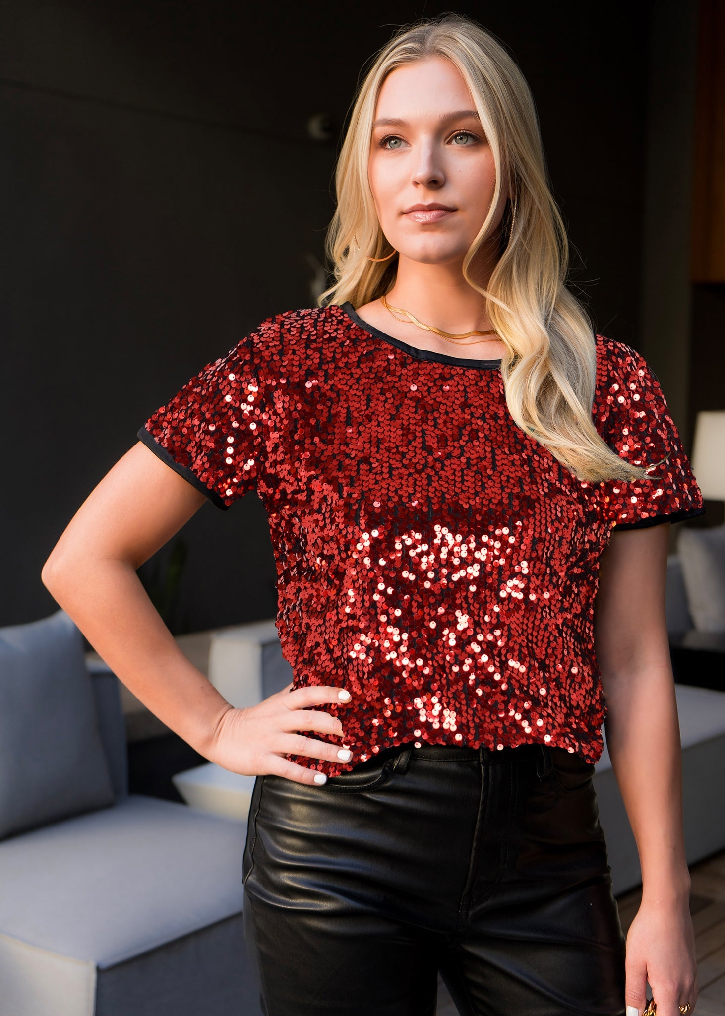 Sequin Short Sleeve Sparkly Shirt Round Neck Blouse by Anna-Kaci