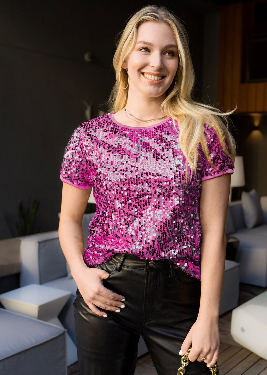 Sequin Short Sleeve Sparkly Shirt Round Neck Blouse by Anna-Kaci