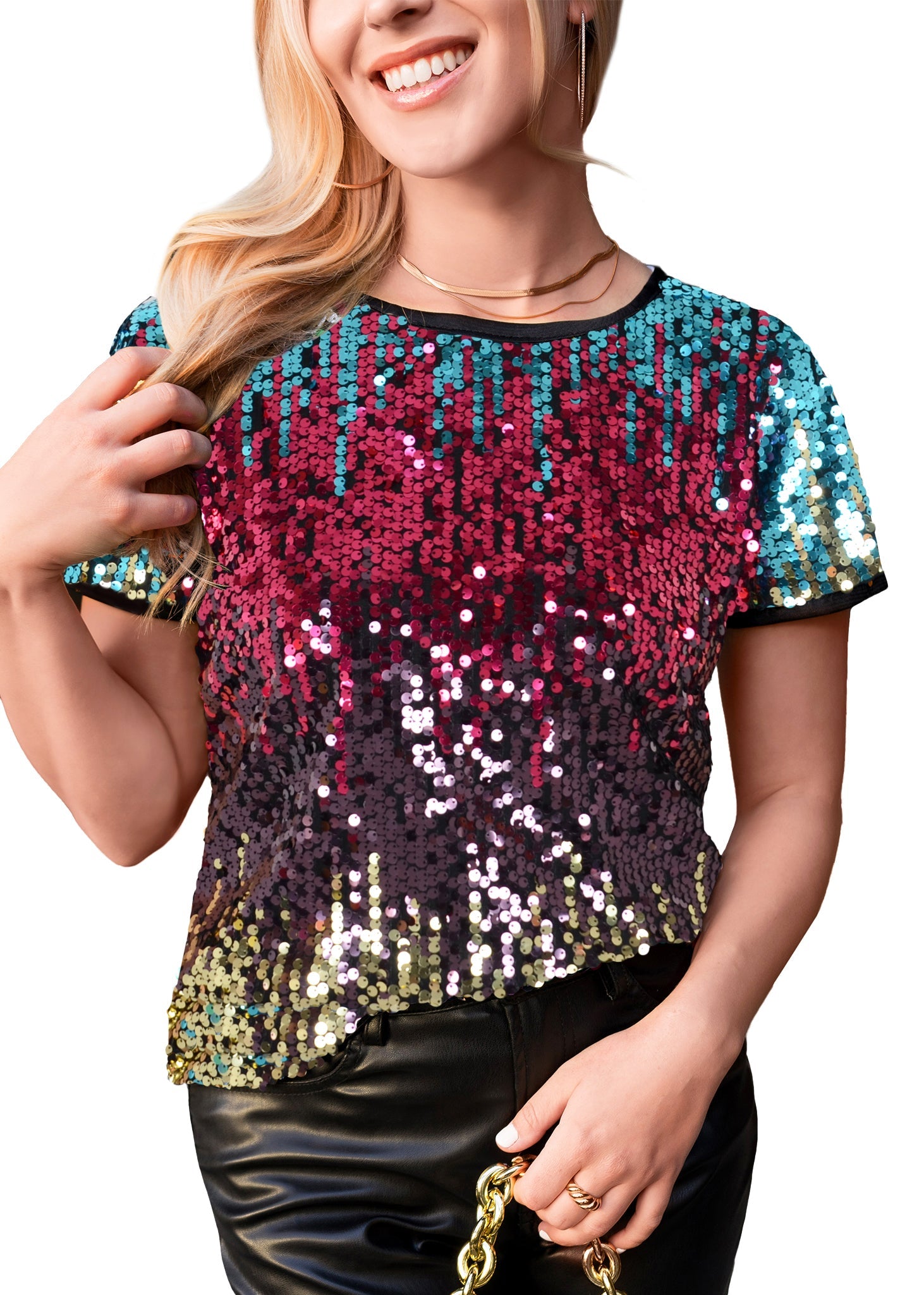 Sequin Short Sleeve Sparkly Shirt Round Neck Blouse by Anna-Kaci