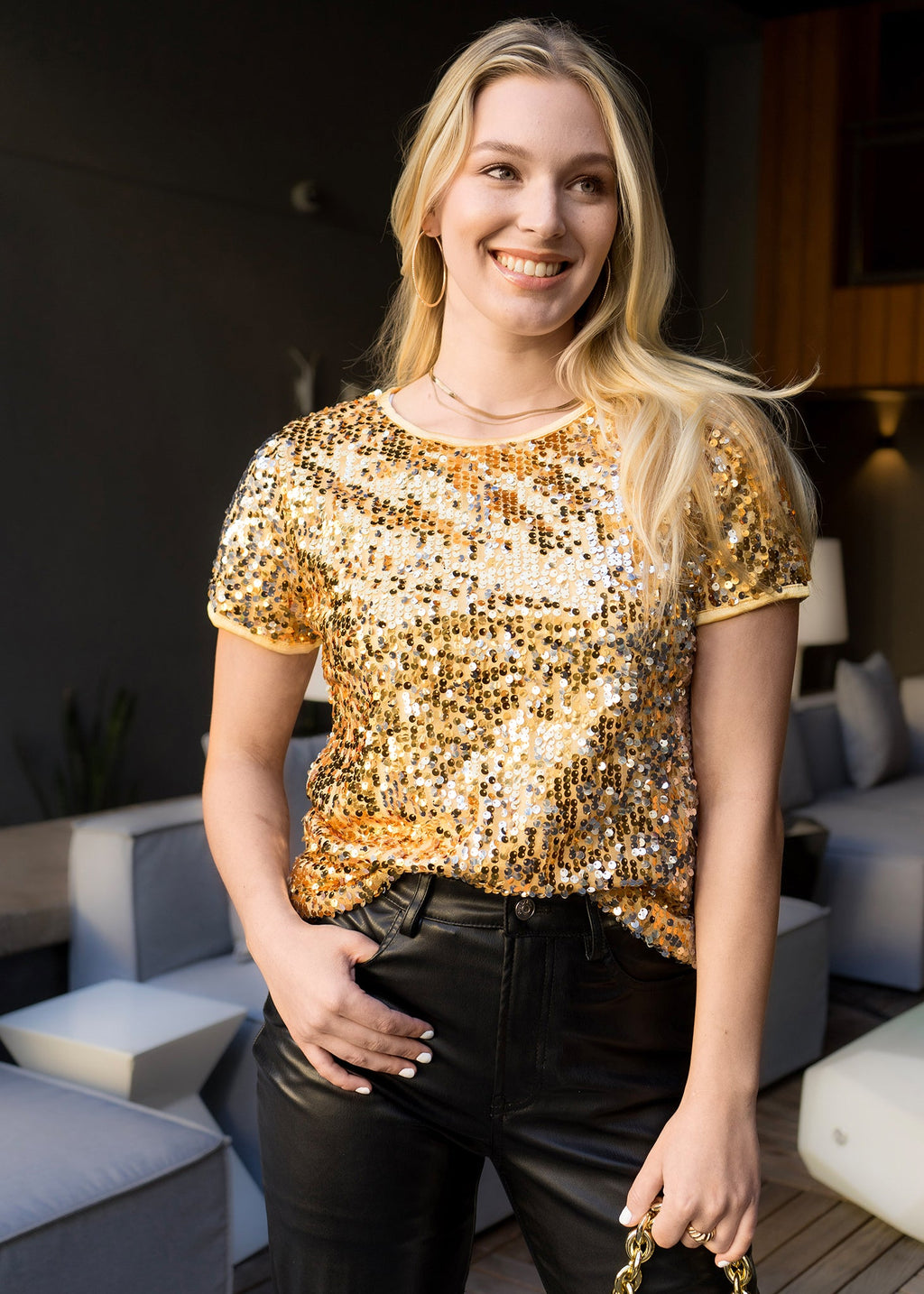 Sequin Short Sleeve Sparkly Shirt Round Neck Blouse by Anna-Kaci