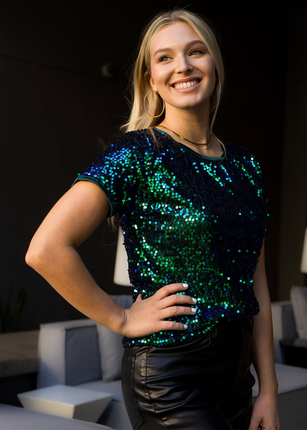 Sequin Short Sleeve Sparkly Shirt Round Neck Blouse by Anna-Kaci