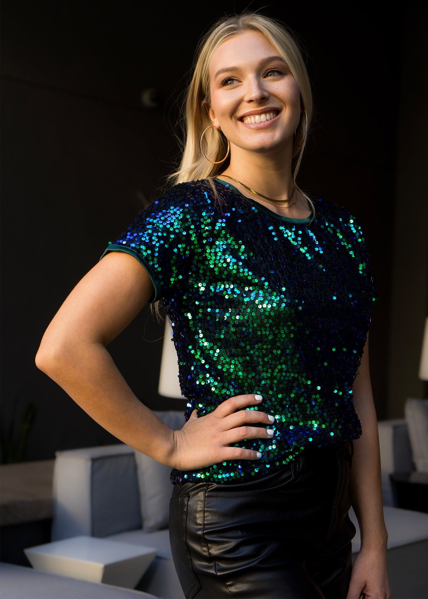 Sequin Short Sleeve Sparkly Shirt Round Neck Blouse by Anna-Kaci