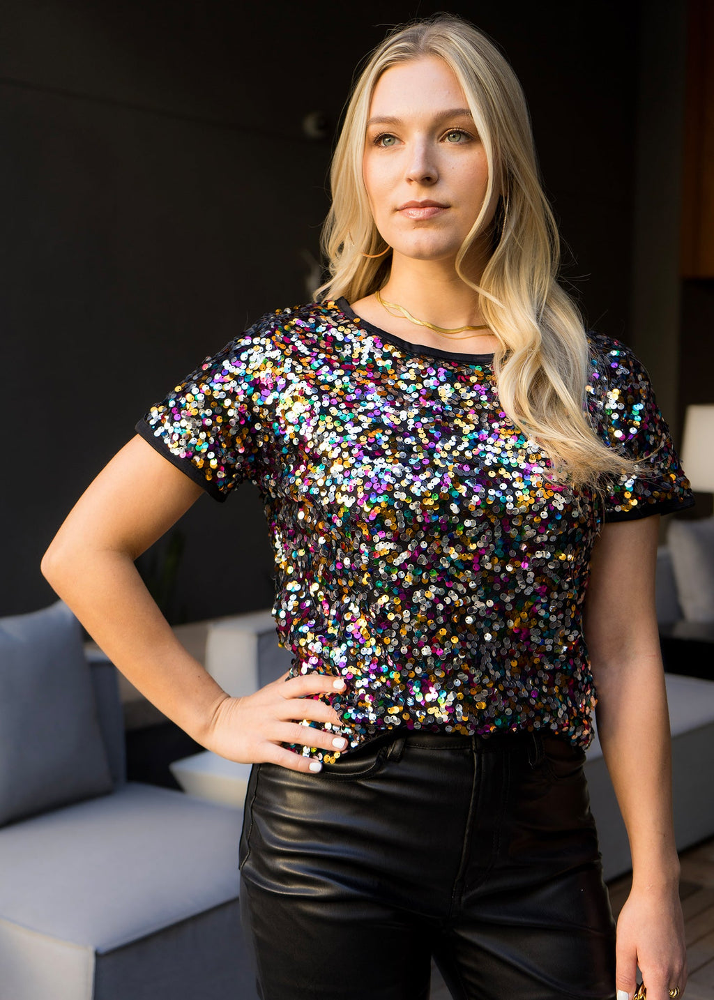 Sequin Short Sleeve Sparkly Shirt Round Neck Blouse by Anna-Kaci