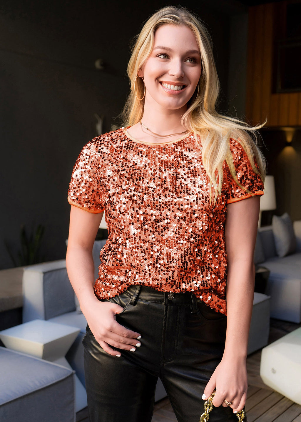 Sequin Short Sleeve Sparkly Shirt Round Neck Blouse by Anna-Kaci