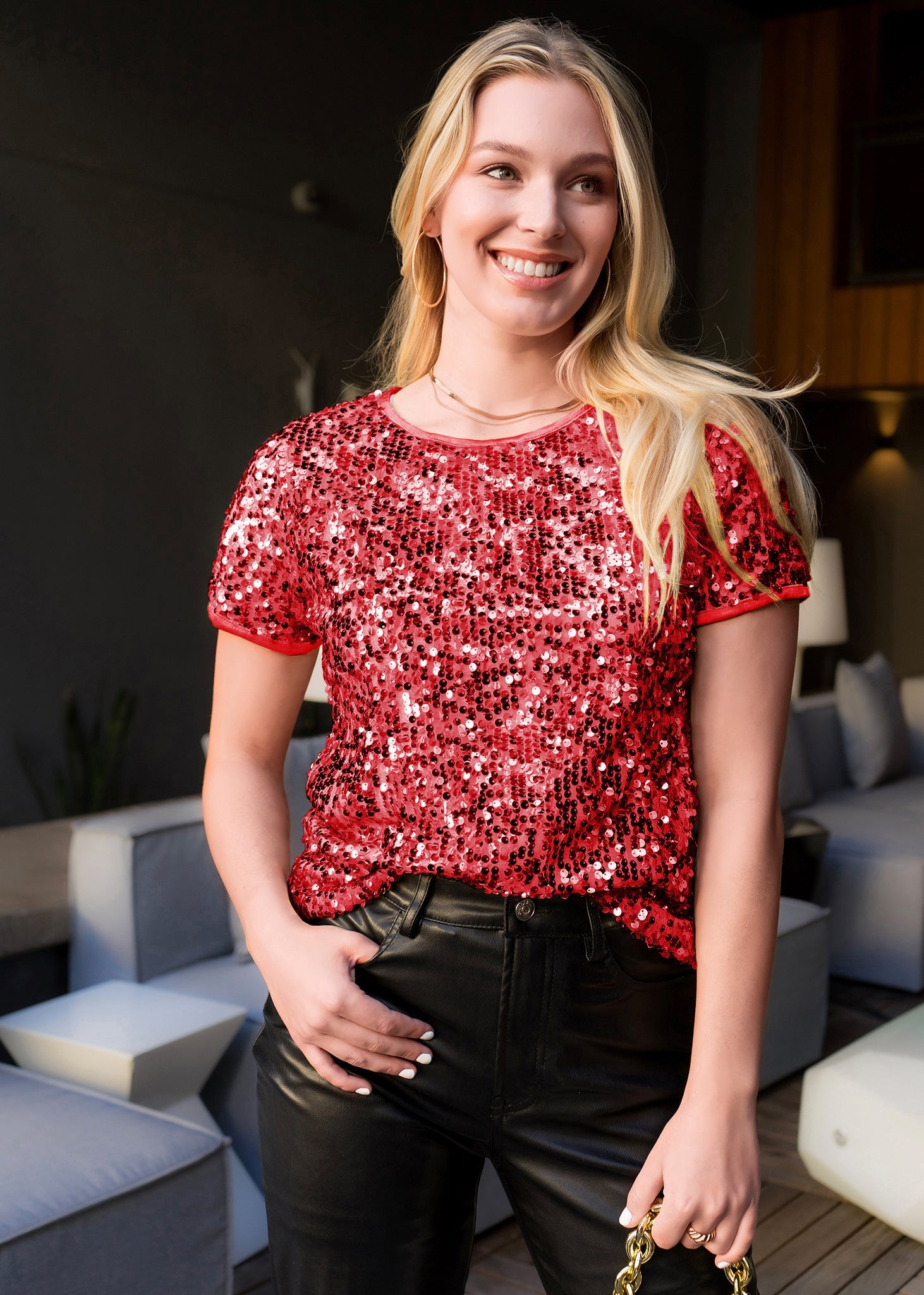 Sequin Short Sleeve Sparkly Shirt Round Neck Blouse by Anna-Kaci