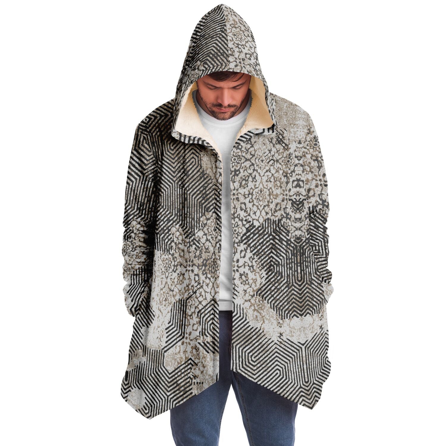 Past and Future Cuddle Cloak | Beige, Brown, Cream | Unisex Minky Sherpa Hooded Coat | Women and Mens Festival Coat | Mountain Fashion by Manifestie