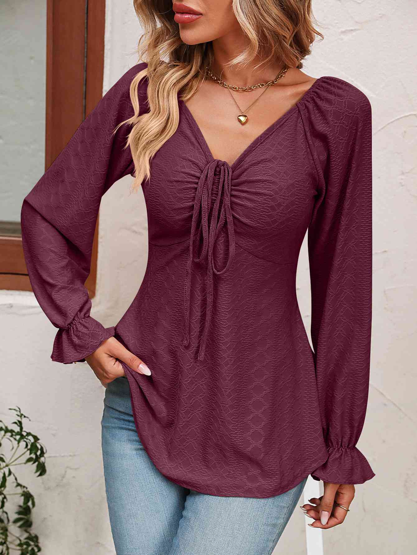 Tie Front V-Neck Puff Sleeve Blouse by VYSN