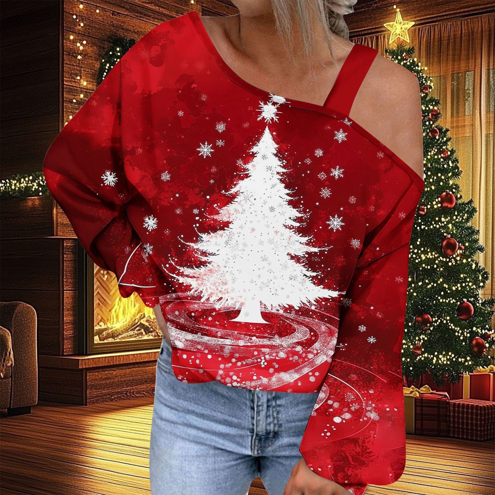 Christmas Women's Fashion Trend Diagonal Collar T-shirt by G8Central.com