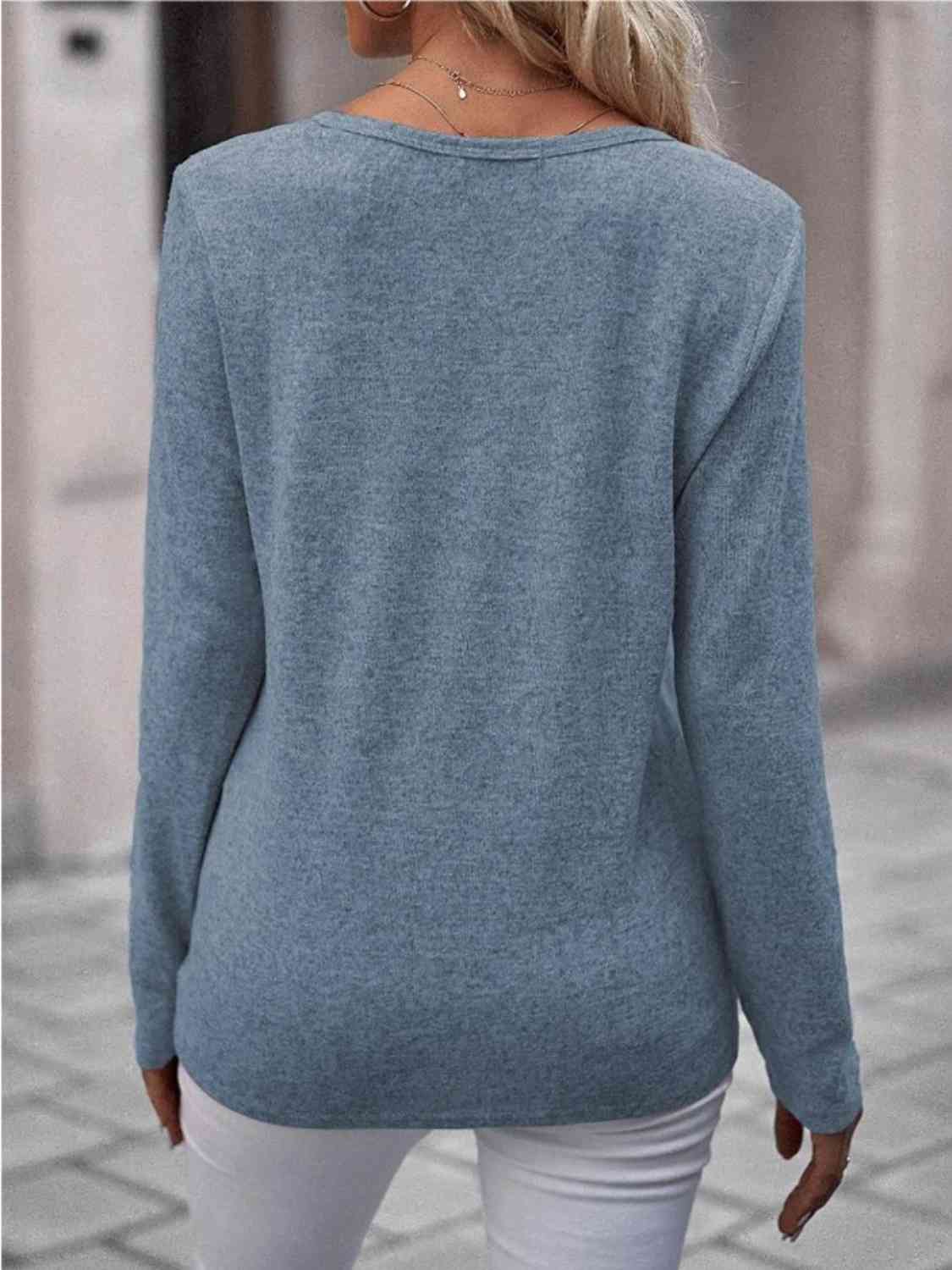Round Neck Buttoned Long Sleeve T-Shirt by VYSN