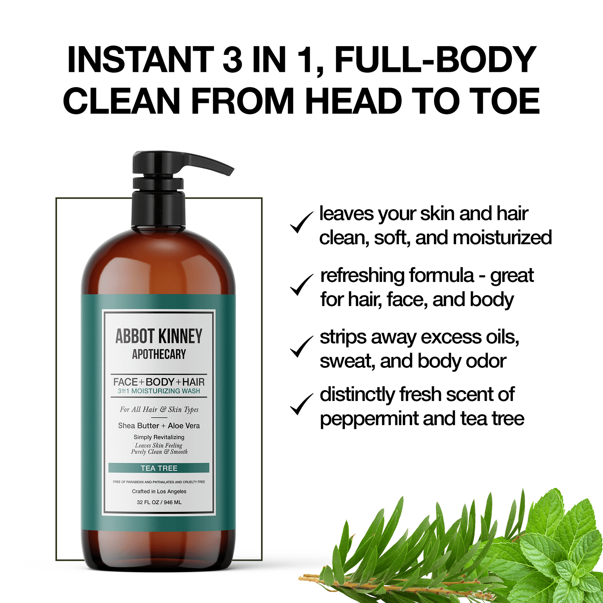 Abbot Kinney Apothecary Men's 3-in-1 Moisturizing Shampoo, Conditioner, and Body Wash, Tea Tree 32oz Men's Grooming Los Angeles Brands 