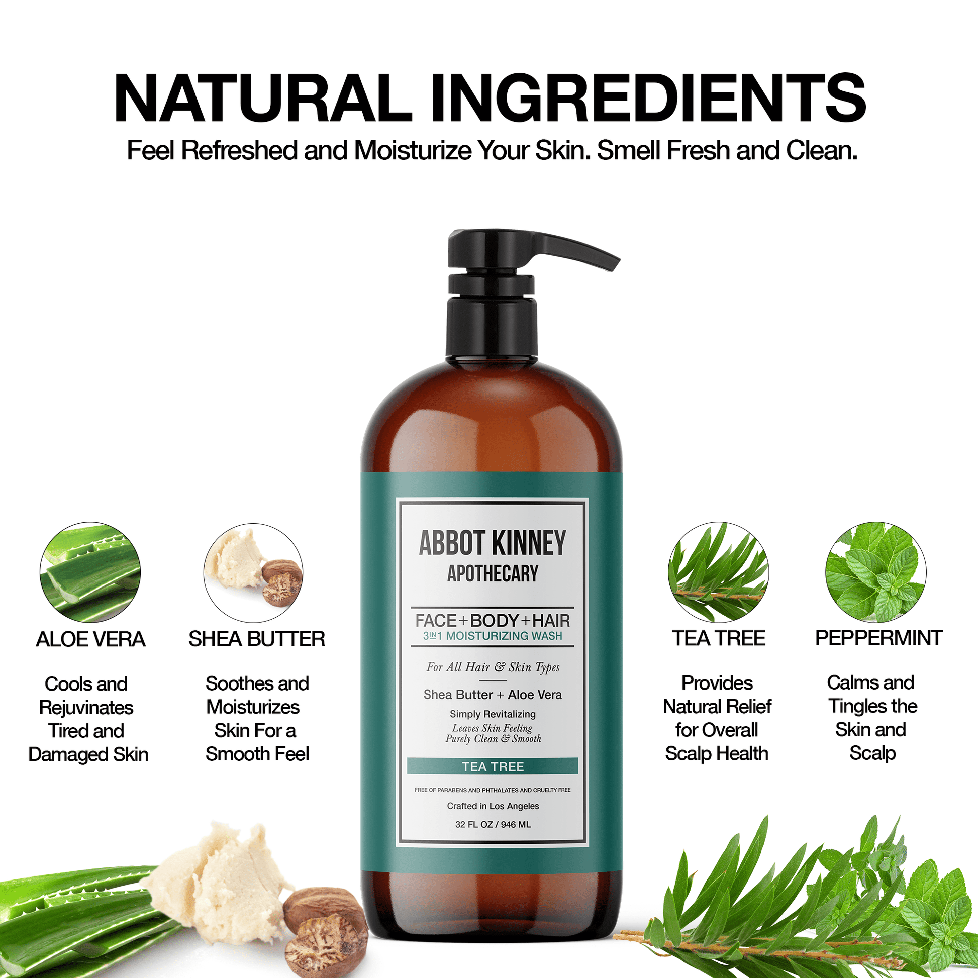 Abbot Kinney Apothecary Men's 3-in-1 Moisturizing Shampoo, Conditioner, and Body Wash, Tea Tree 32oz Men's Grooming Los Angeles Brands 