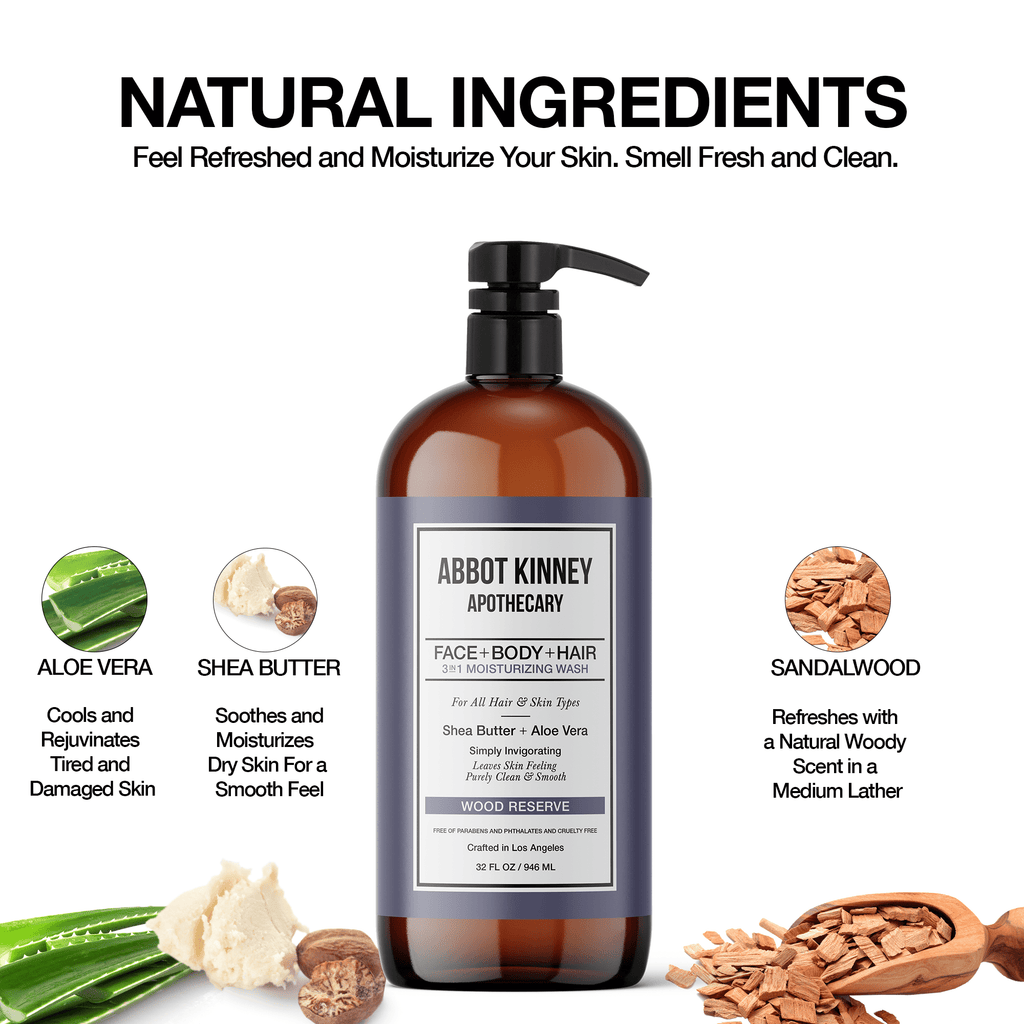 Abbot Kinney Apothecary Men's 3-in-1 Moisturizing Shampoo, Conditioner, and Body Wash - Wood Reserve 32oz Men's Grooming Los Angeles Brands 