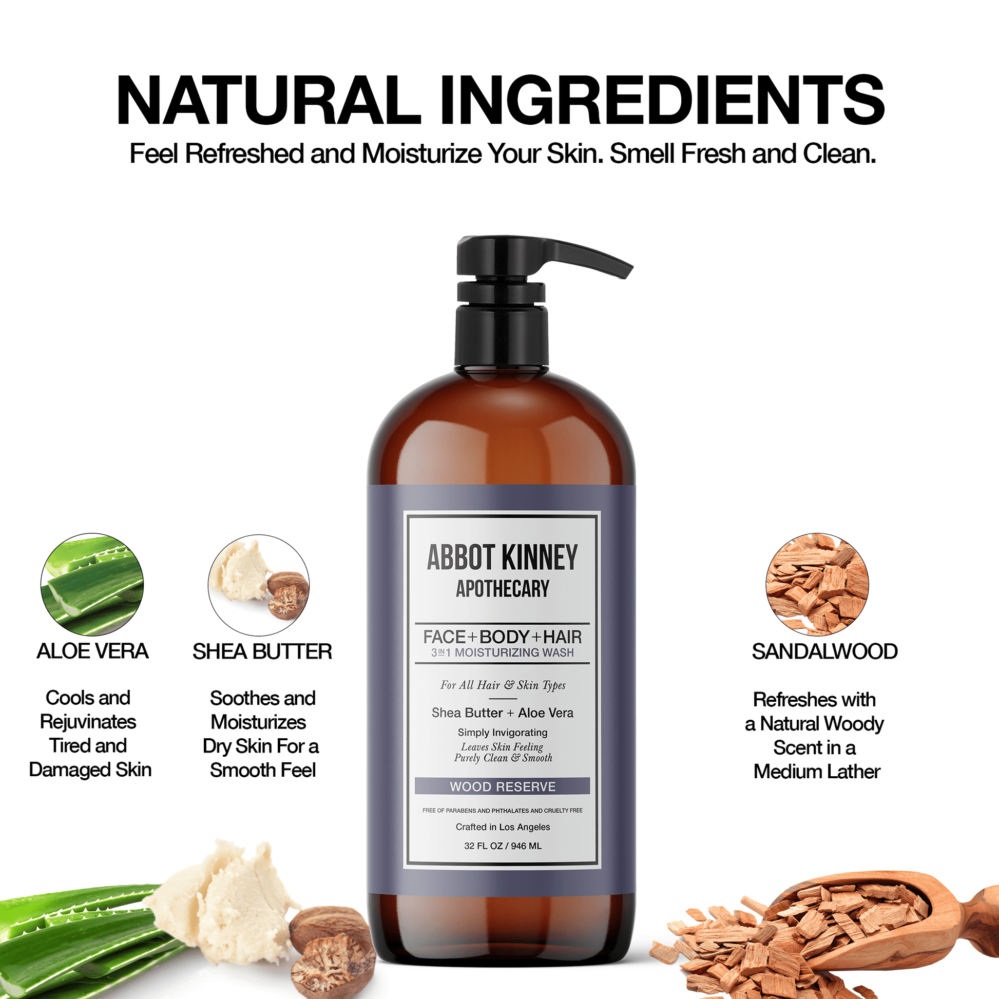 Abbot Kinney Apothecary Men's 3-in-1 Moisturizing Shampoo, Conditioner, and Body Wash - Wood Reserve 32oz Men's Grooming Los Angeles Brands 