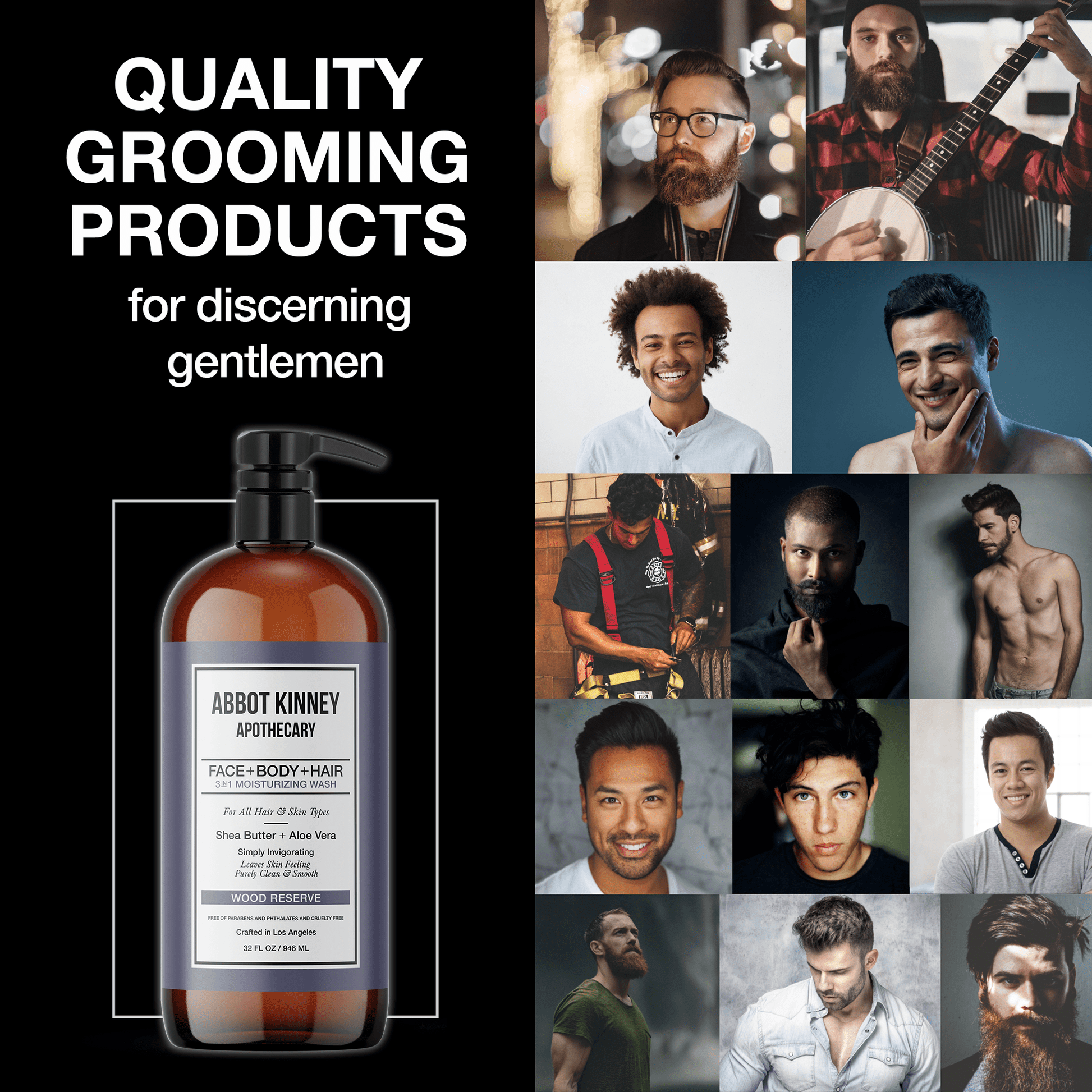 Abbot Kinney Apothecary Men's 3-in-1 Moisturizing Shampoo, Conditioner, and Body Wash - Wood Reserve 32oz Men's Grooming Los Angeles Brands 