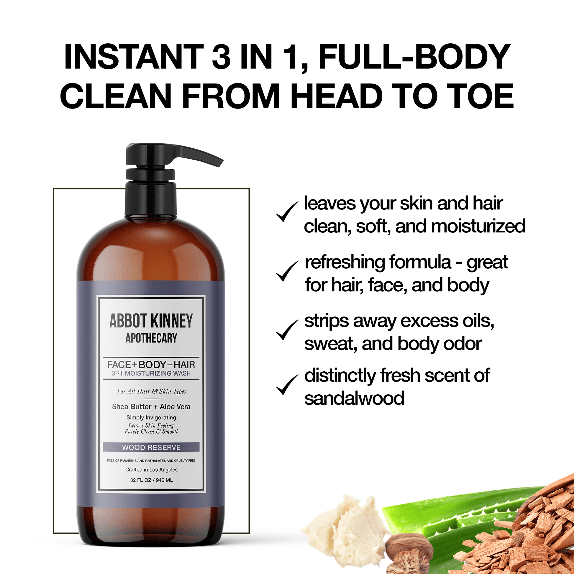 Abbot Kinney Apothecary Men's 3-in-1 Moisturizing Shampoo, Conditioner, and Body Wash - Wood Reserve 32oz Men's Grooming Los Angeles Brands 
