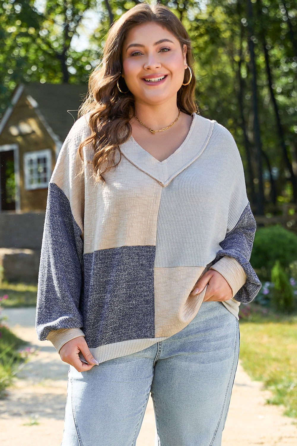 Elaina Plus Size Textured V Neck Top - Threaded Pear