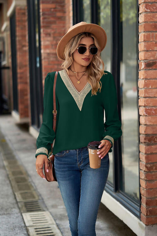 V-Neck Lace Detail Long Sleeve Top by VYSN