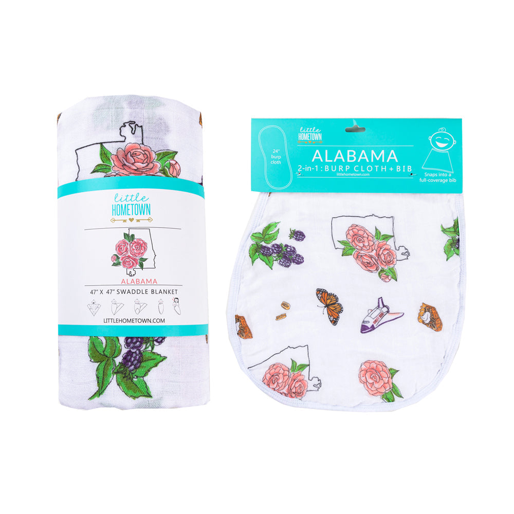 Gift Set: Alabama Floral Baby Muslin Swaddle Blanket and Burp Cloth/Bib Combo by Little Hometown