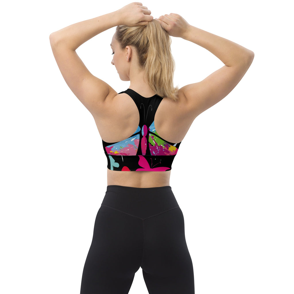 "510_Athletics" "Colorful Butterfy" Longline sports bra by 510_Athletics LLC
