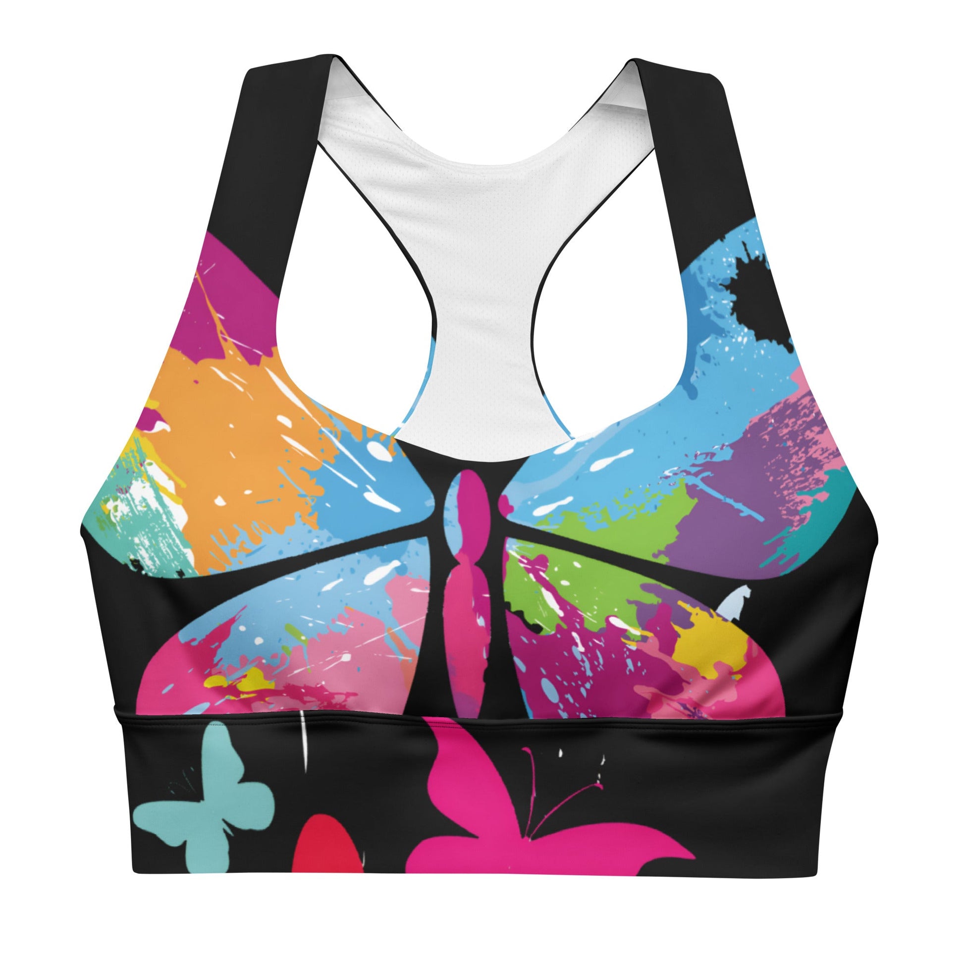 "510_Athletics" "Colorful Butterfy" Longline sports bra by 510_Athletics LLC