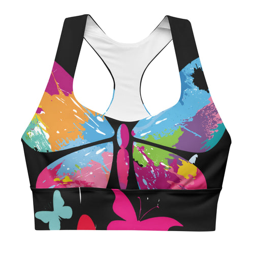 "510_Athletics" "Colorful Butterfy" Longline sports bra by 510_Athletics LLC