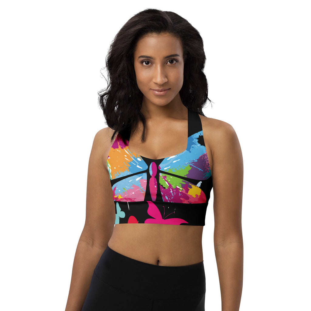 "510_Athletics" "Colorful Butterfy" Longline sports bra by 510_Athletics LLC