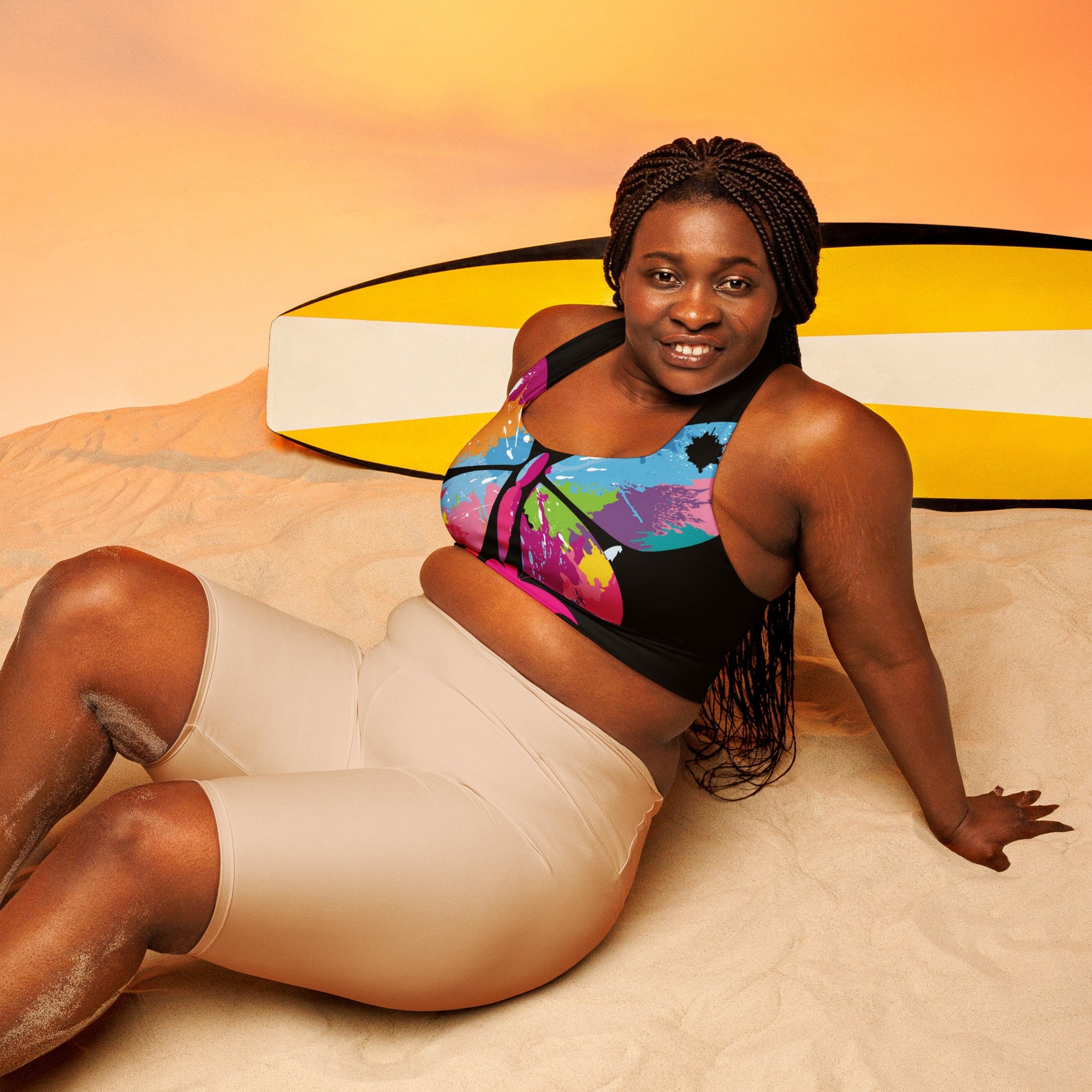 "510_Athletics" "Colorful Butterfy" Longline sports bra by 510_Athletics LLC