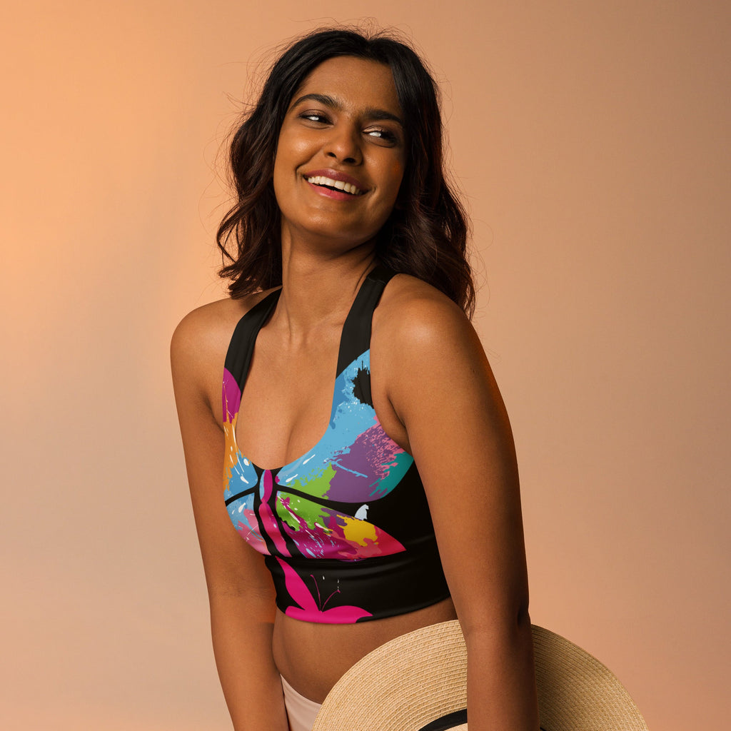 "510_Athletics" "Colorful Butterfy" Longline sports bra by 510_Athletics LLC