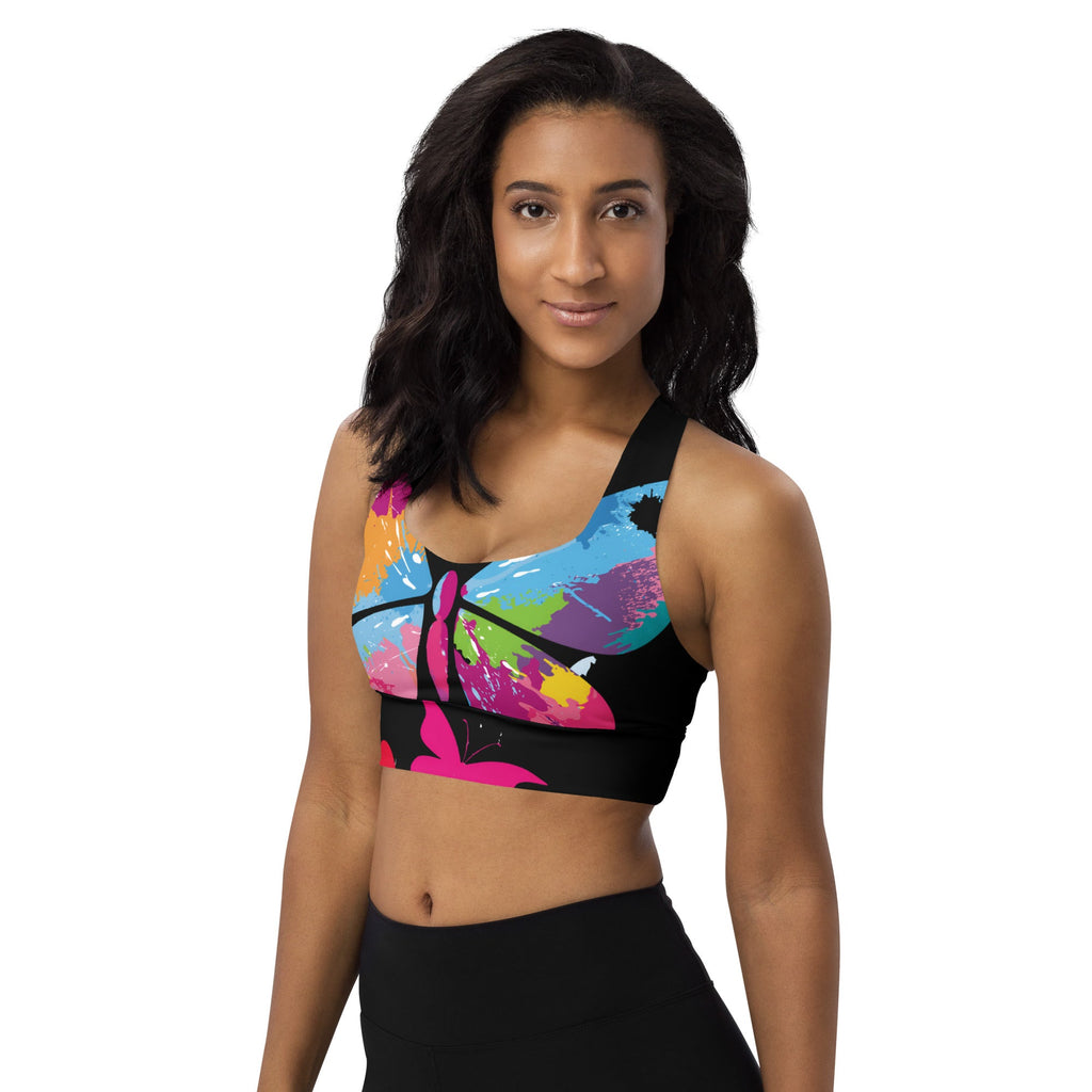 "510_Athletics" "Colorful Butterfy" Longline sports bra by 510_Athletics LLC