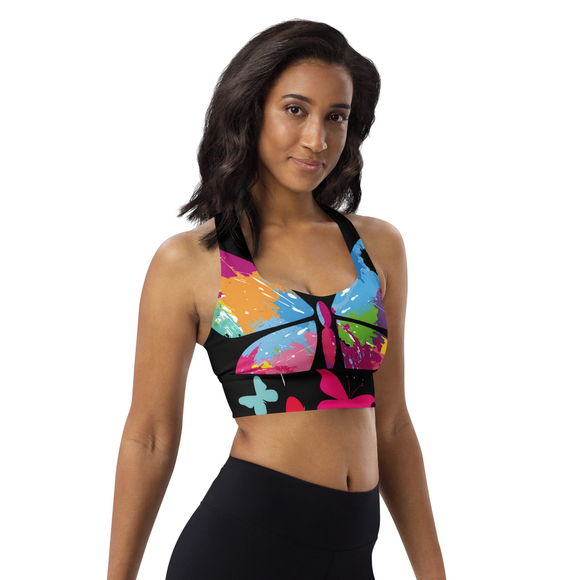 "510_Athletics" "Colorful Butterfy" Longline sports bra by 510_Athletics LLC