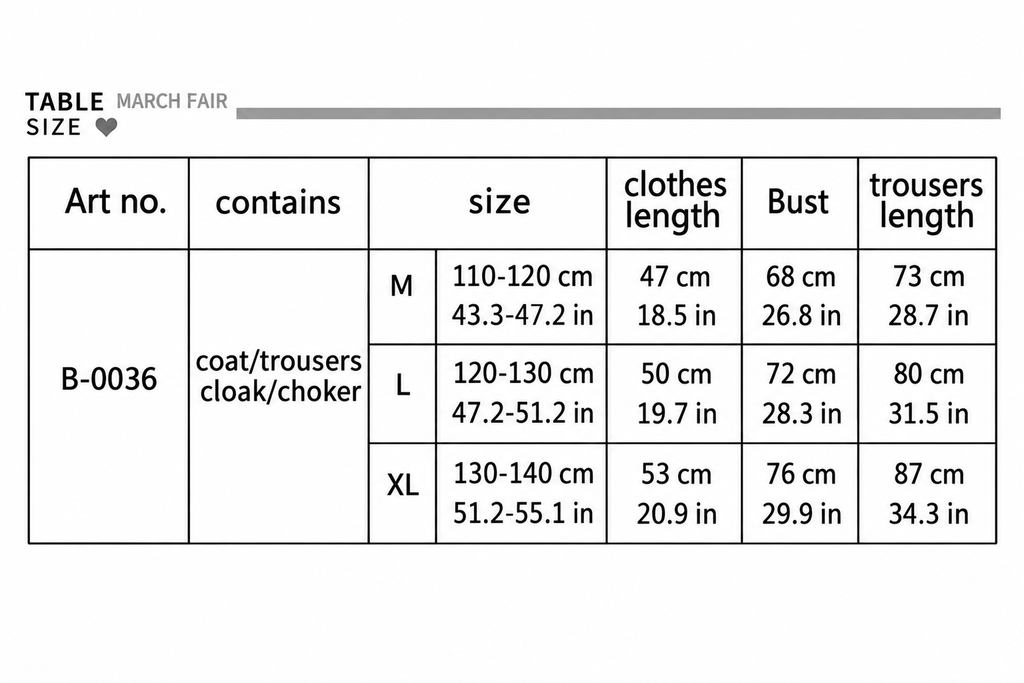 B-0036 chart with centimeter and US inch measurements