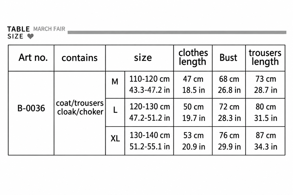 B-0036 chart with centimeter and US inch measurements