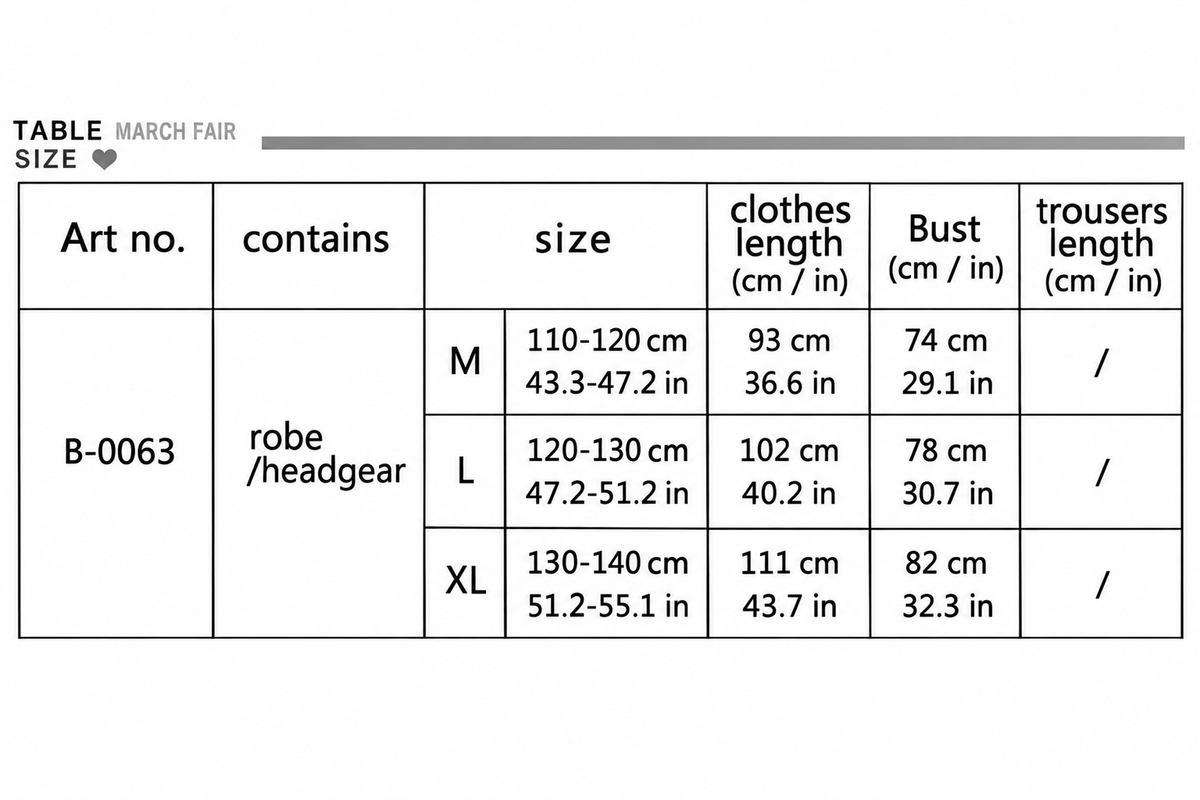 B-0063 robe and headgear chart with centimeter and US inch measurements