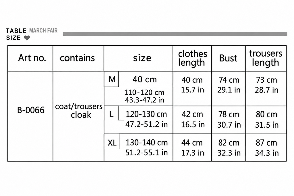 B-0066 chart with centimeter and US inch measurements