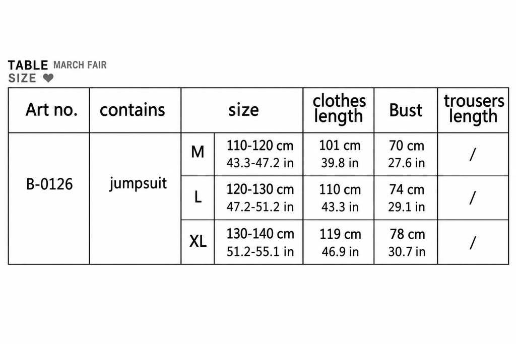 B-0126 jumpsuit chart with centimeter and US inch measurements