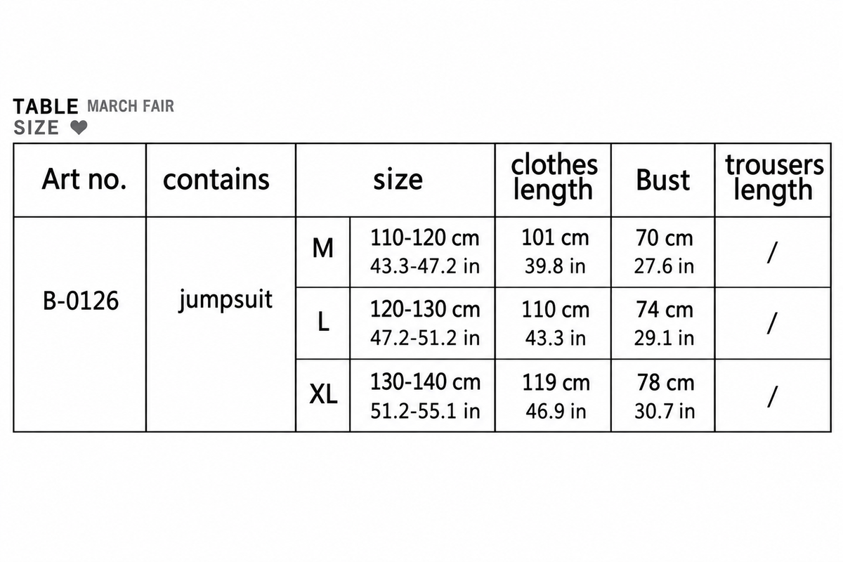B-0126 jumpsuit chart with centimeter and US inch measurements
