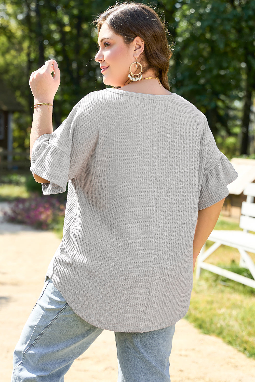 Rory Plus Size Lace Insert Waffle Ruffle Top by Threaded Pear
