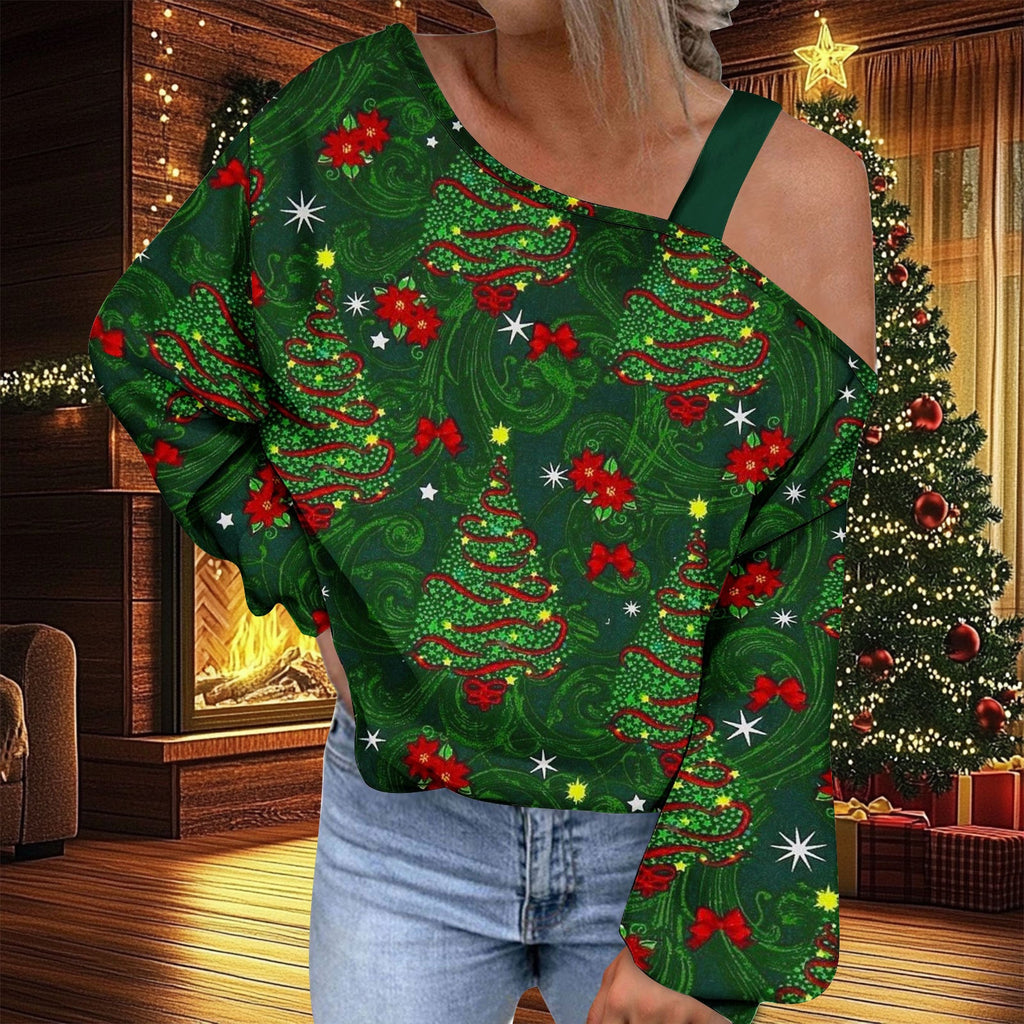Christmas Women's Fashion Trend Diagonal Collar T-shirt by G8Central.com