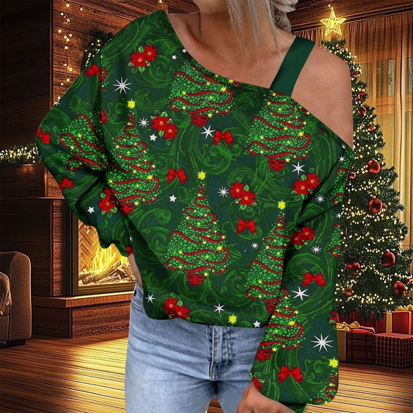 Christmas Women's Fashion Trend Diagonal Collar T-shirt by G8Central.com