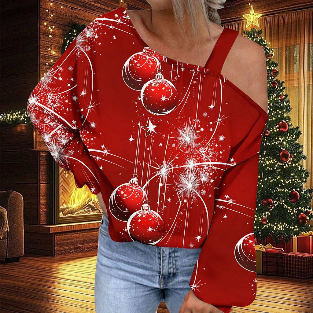 Christmas Women's Fashion Trend Diagonal Collar T-shirt by G8Central.com
