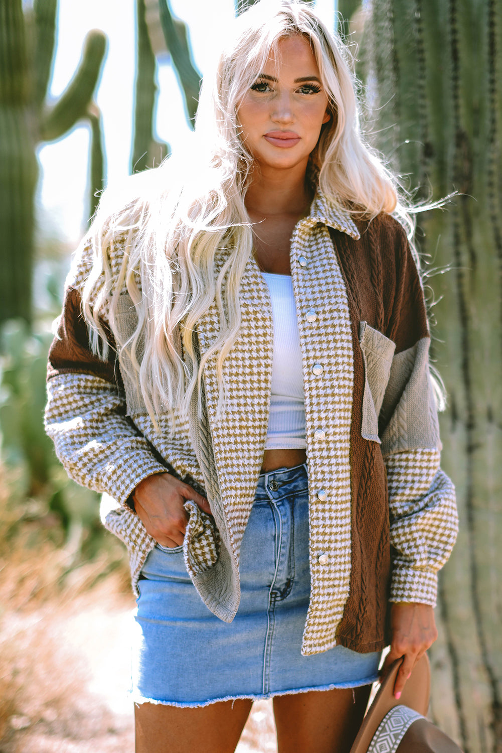 Luna Houndstooth Loose Shacket - Threaded Pear