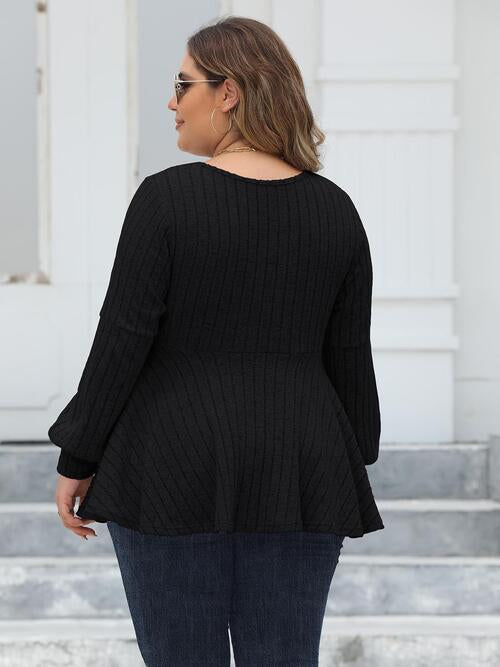 Full Figured Size Ribbed V-Neck Long Sleeve Blouse by VYSN